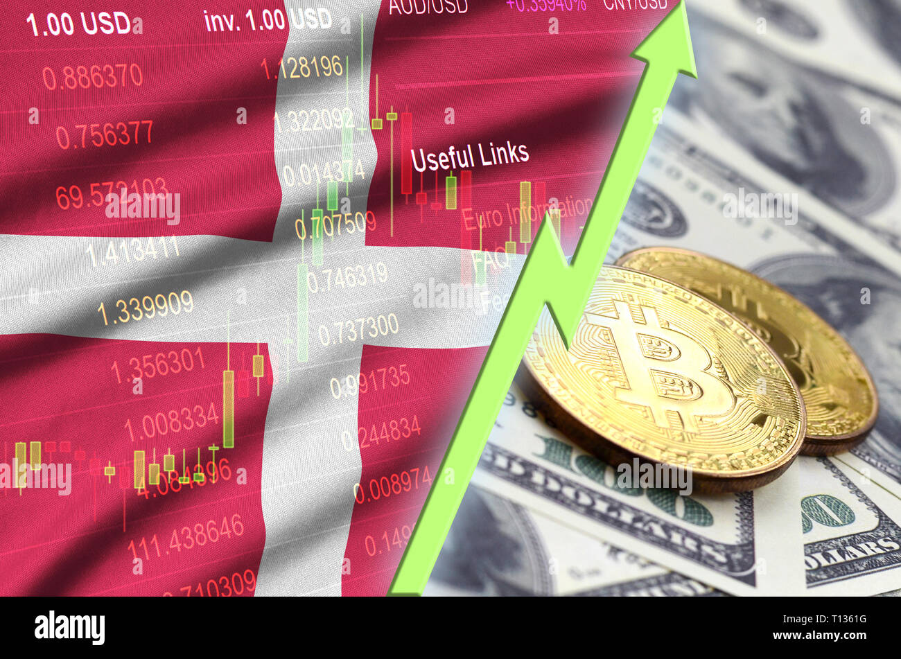 Denmark Flag And Cryptocurrency Growing Trend With Two Bitcoins On - 